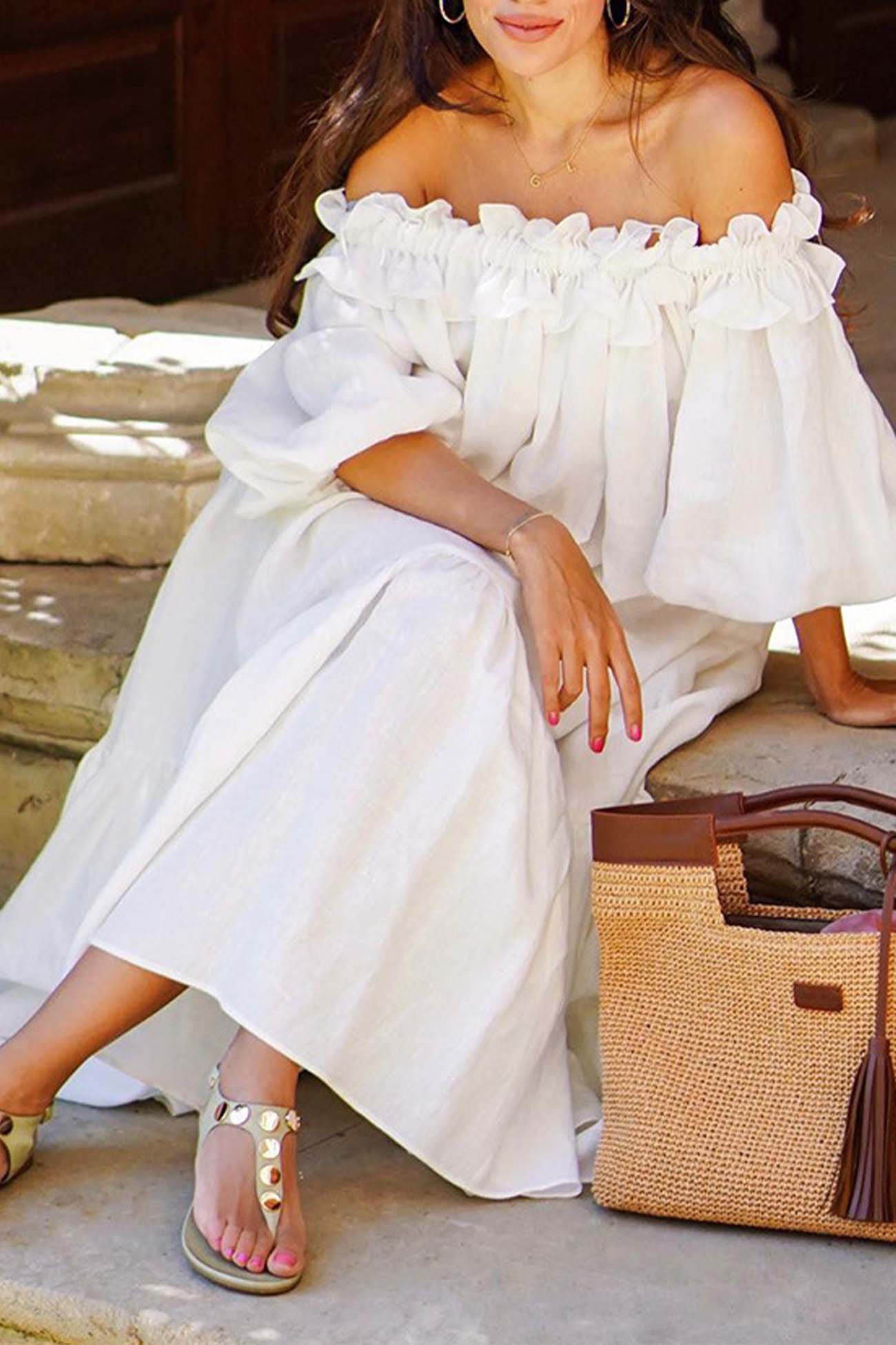 Ruffled Off Shoulder Puff Sleeve Slit Dress