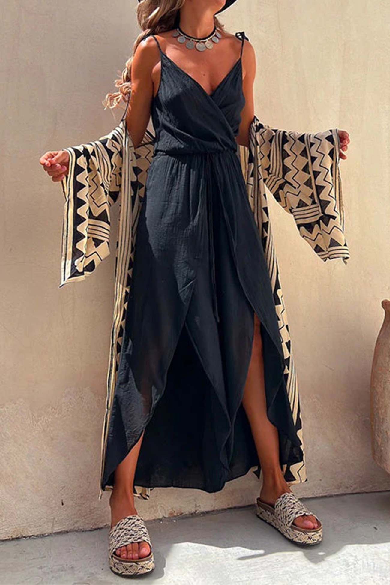 Solid Color V Neck Sleeveless Slit Jumpsuit