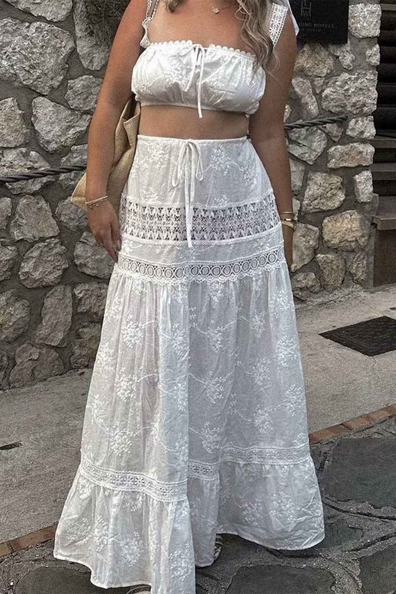 Solid Lace Crop Top Cutout Maxi Skirt Set