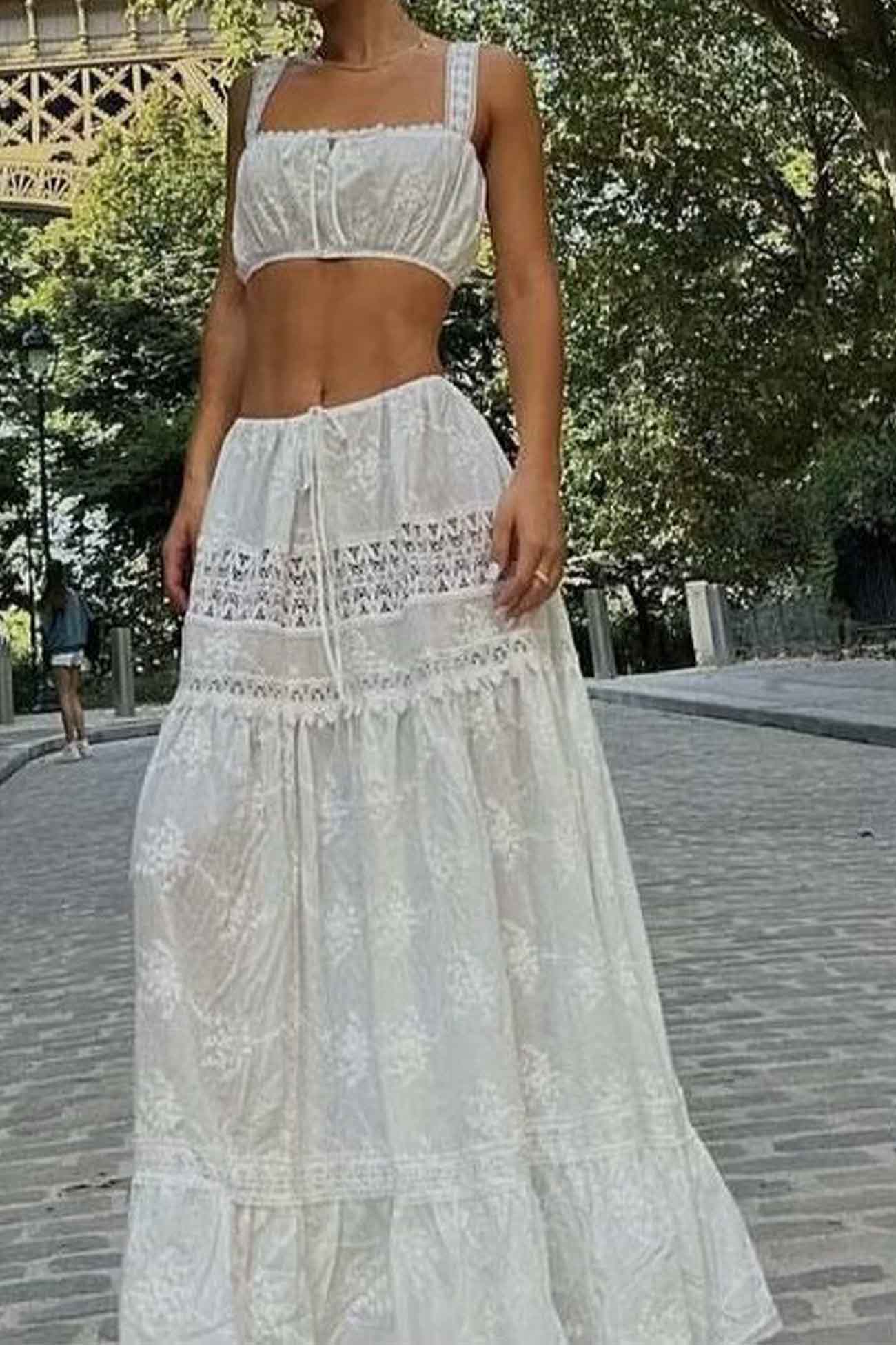 Solid Lace Crop Top Cutout Maxi Skirt Set