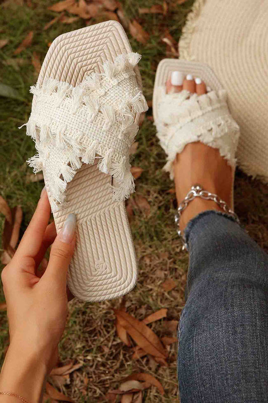 Square Toe Fringe Cross Slide Sandals
