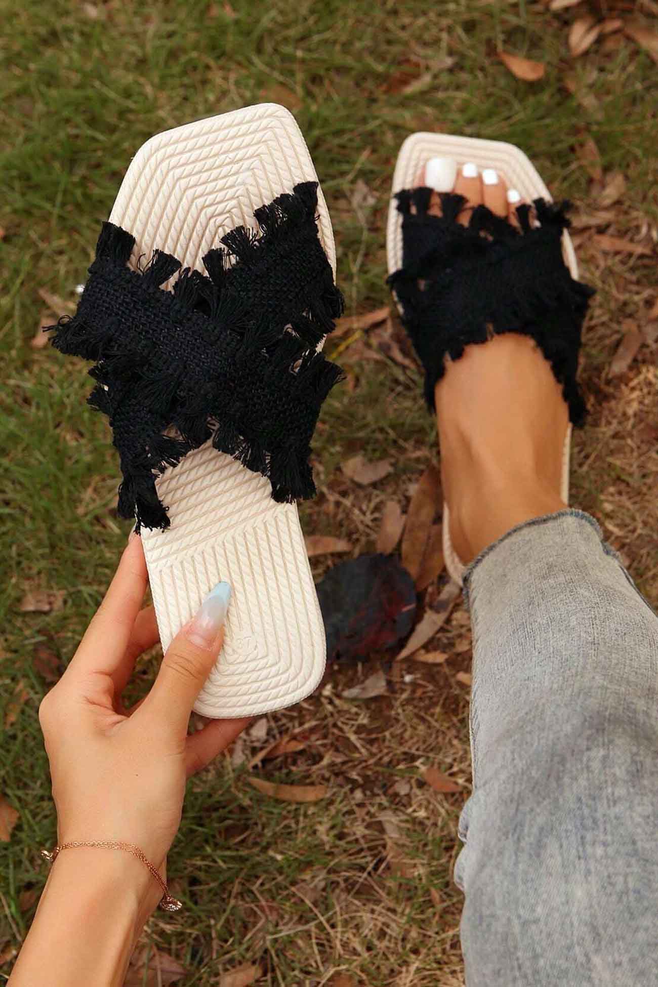 Square Toe Fringe Cross Slide Sandals