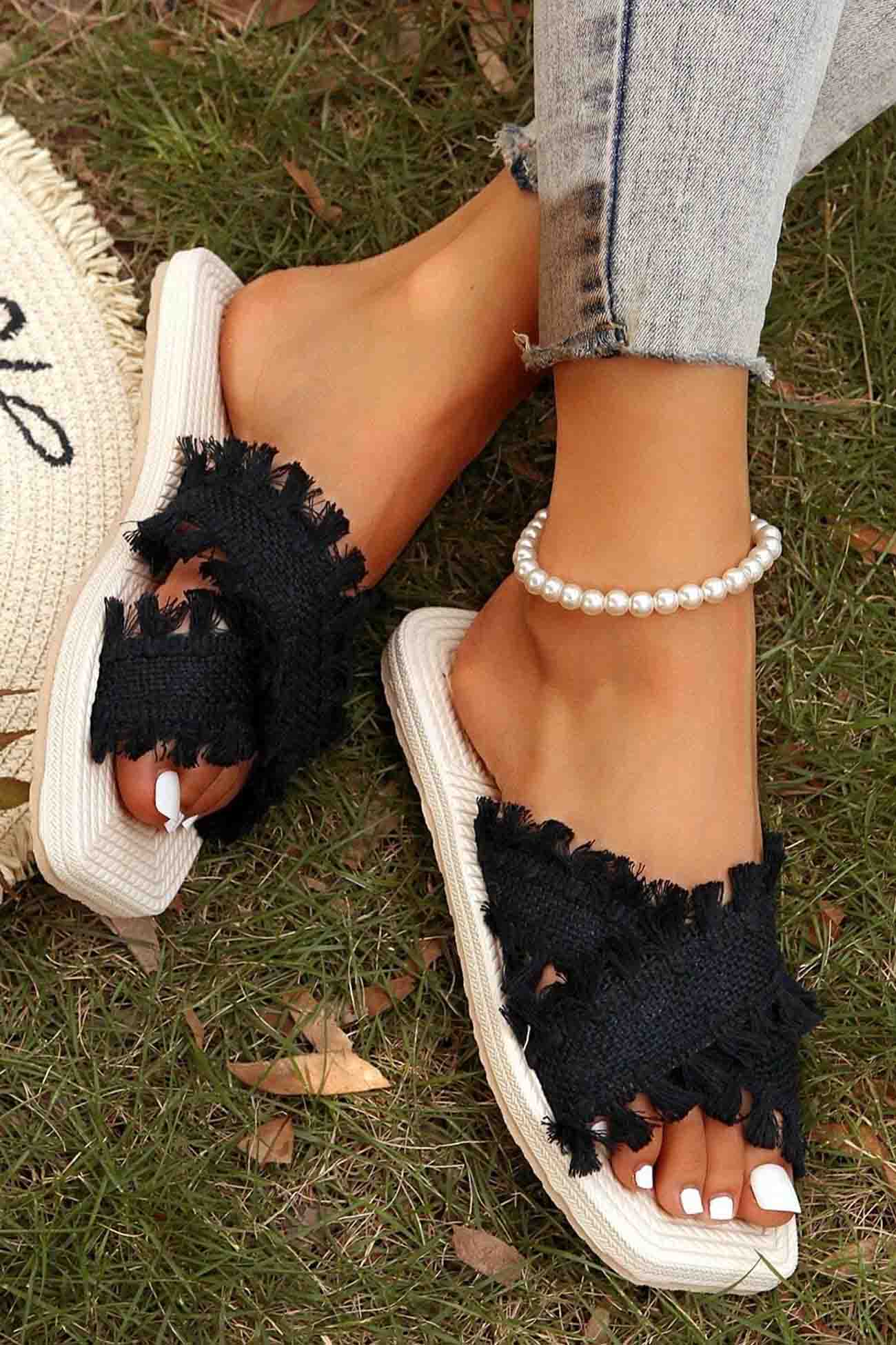 Square Toe Fringe Cross Slide Sandals