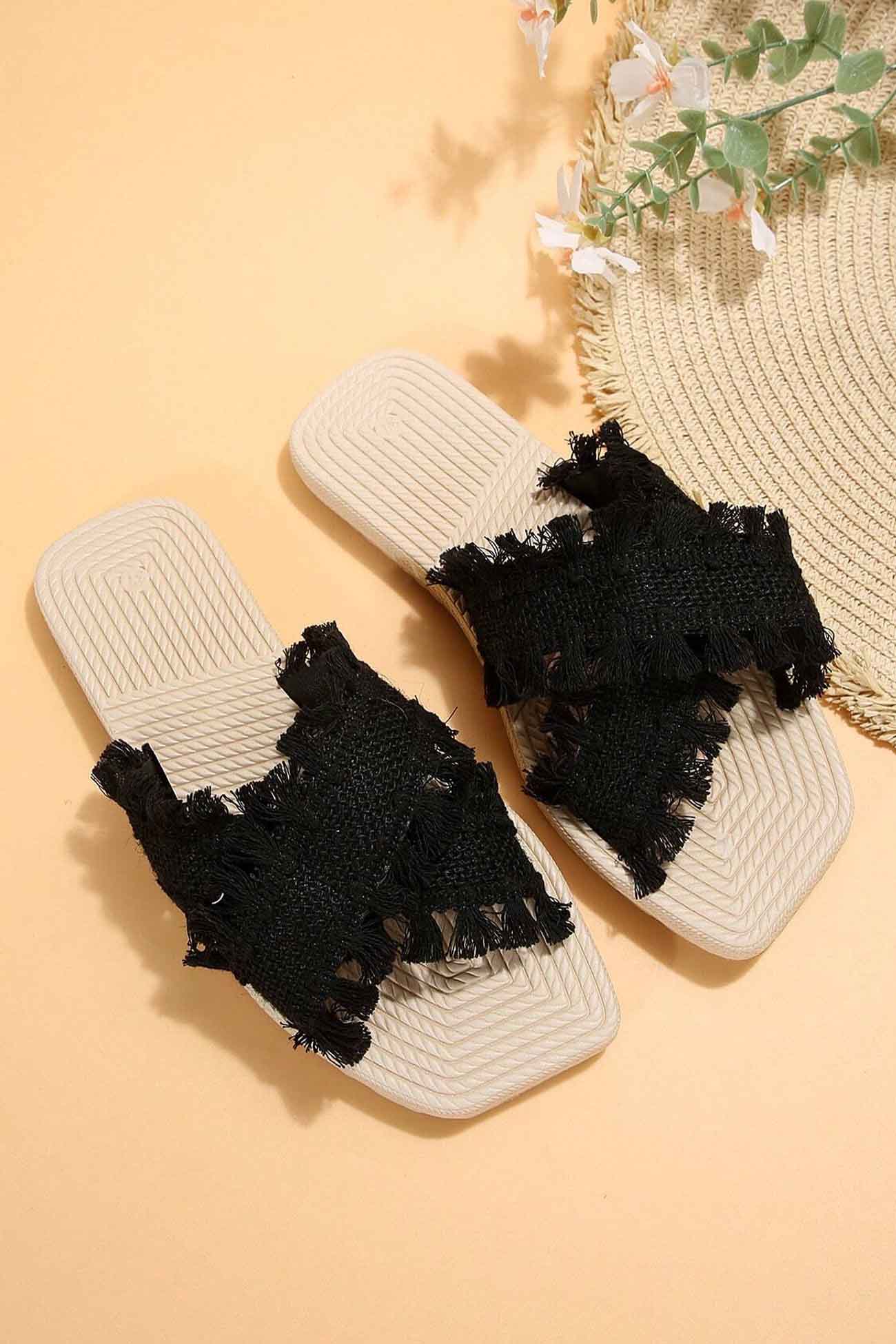 Square Toe Fringe Cross Slide Sandals