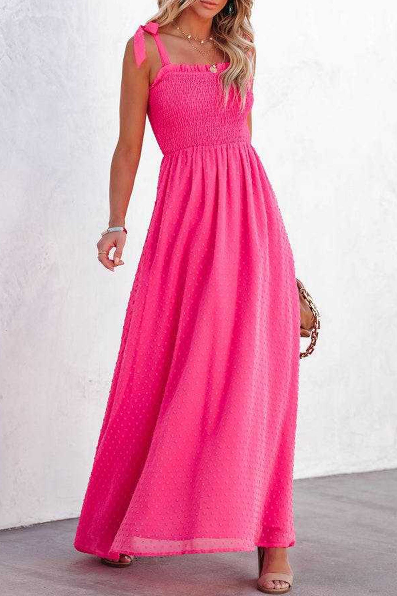 Tie-straps Smocked Slit Jacqard Chiffon Dress