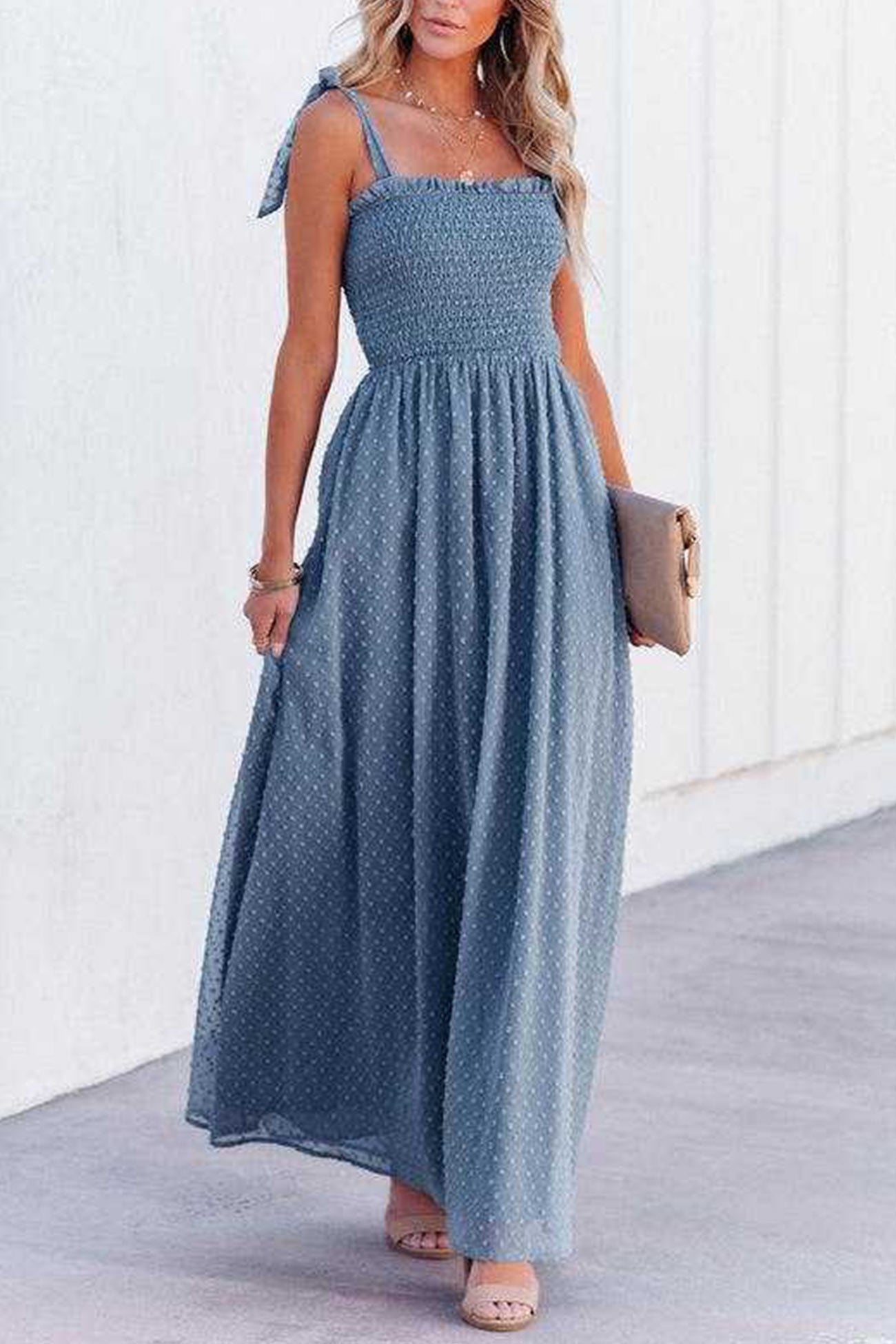 Tie-straps Smocked Slit Jacqard Chiffon Dress