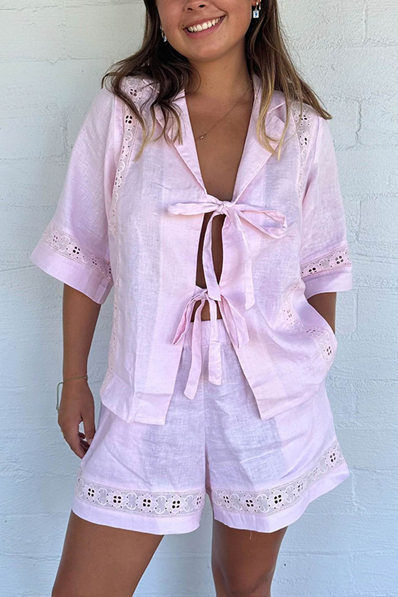 Tie-up Jacquard Hollow Out Shirt Shorts Suits