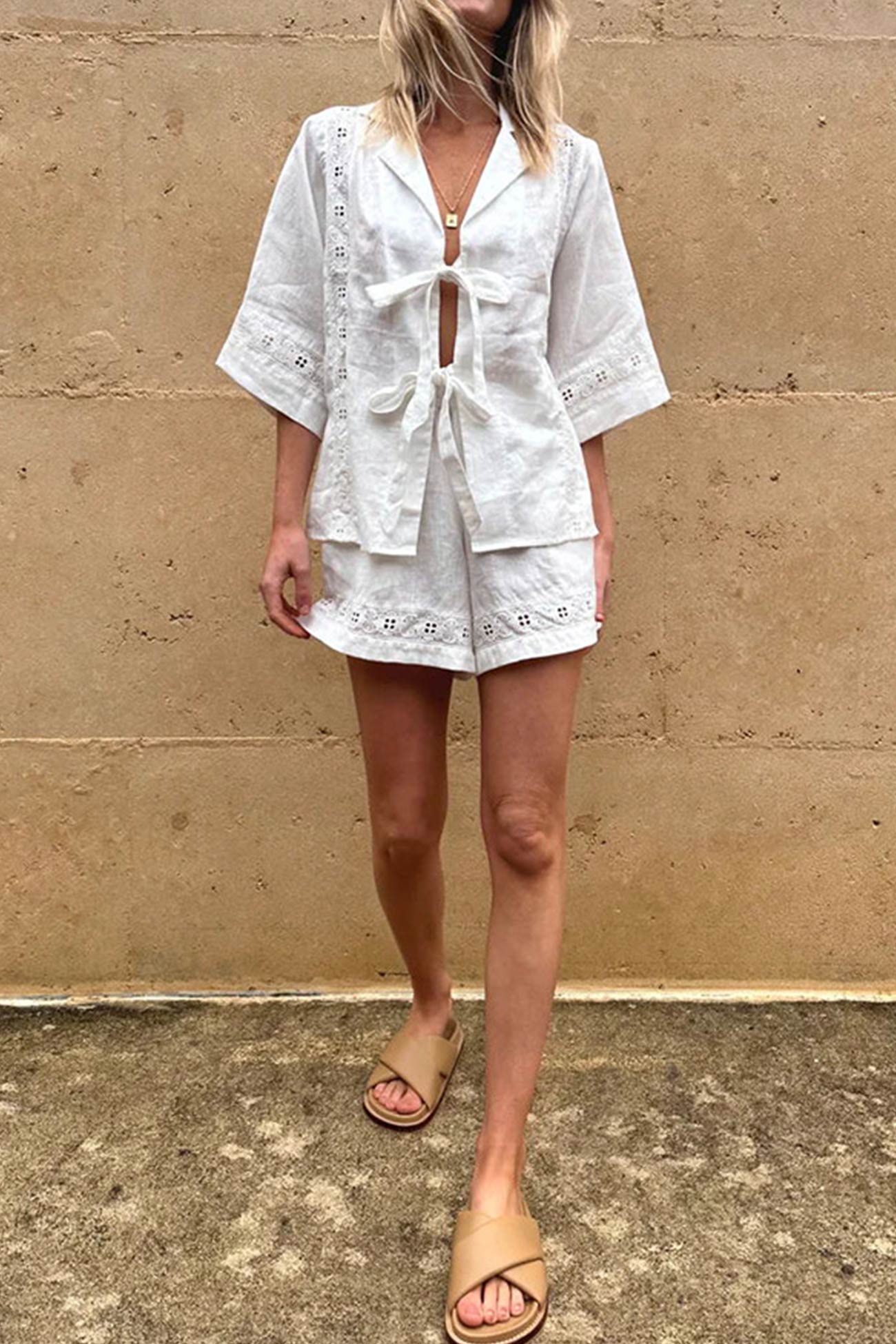 Tie-up Jacquard Hollow Out Shirt Shorts Suits