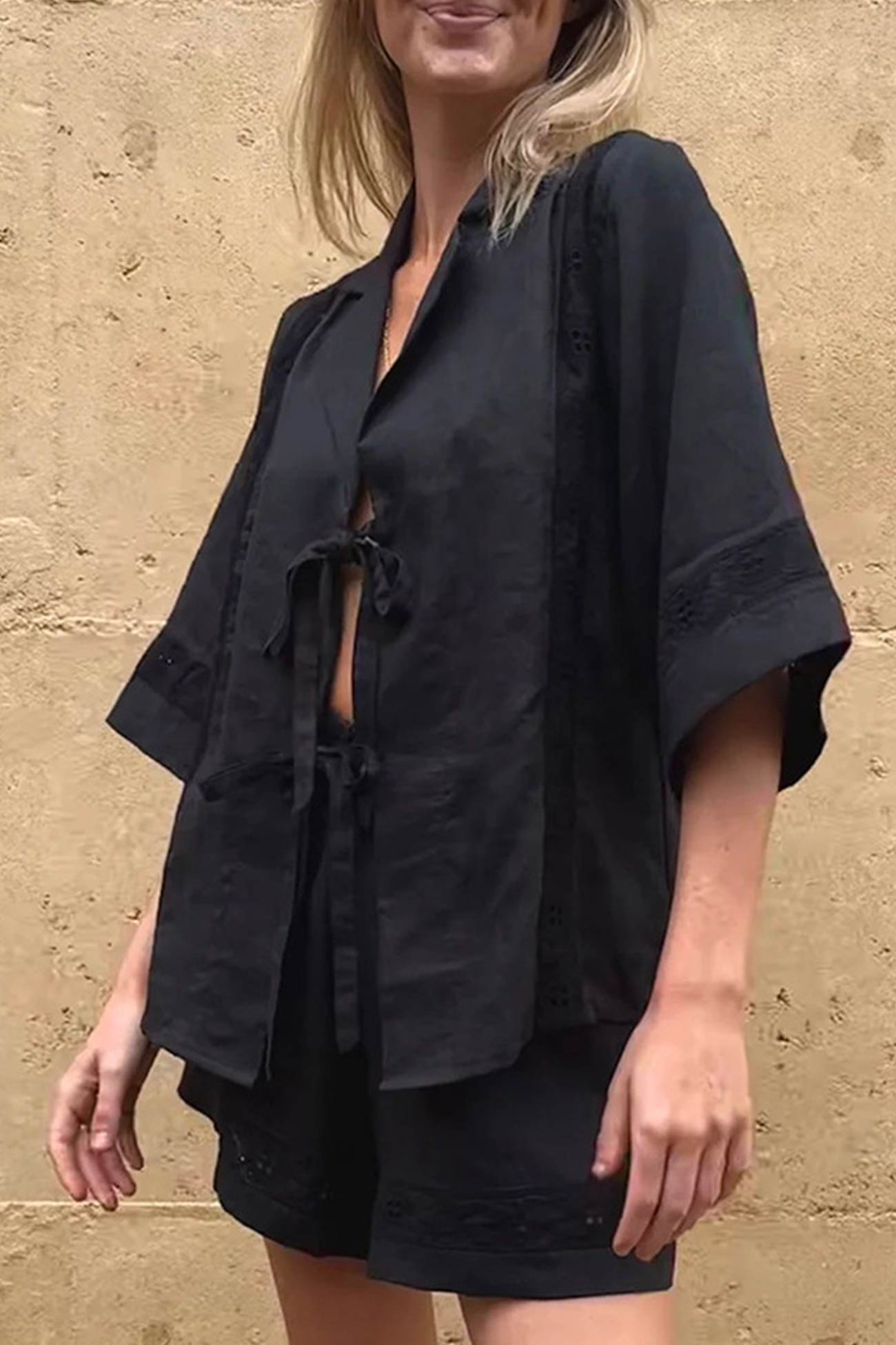 Tie-up Jacquard Hollow Out Shirt Shorts Suits