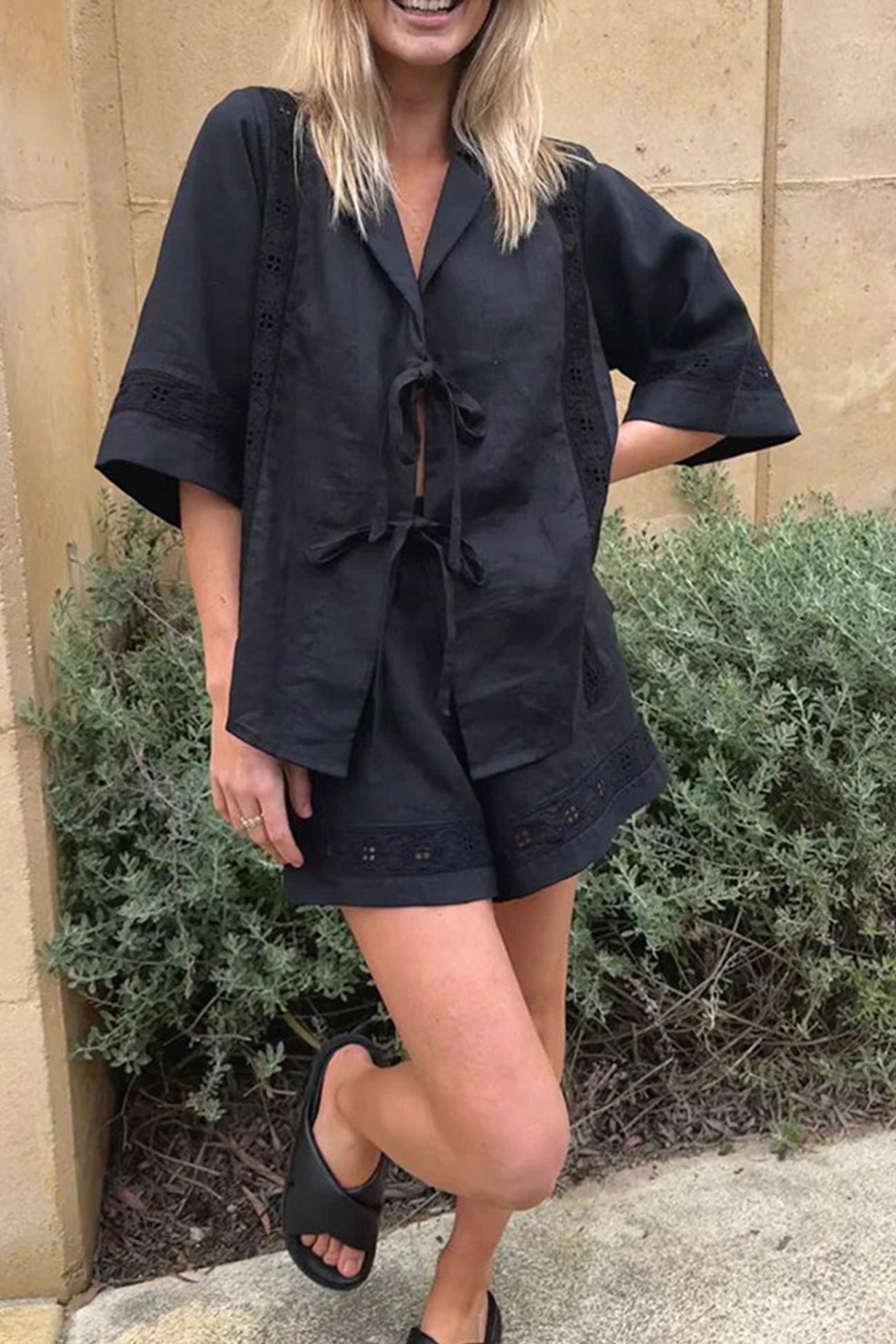 Tie-up Jacquard Hollow Out Shirt Shorts Suits