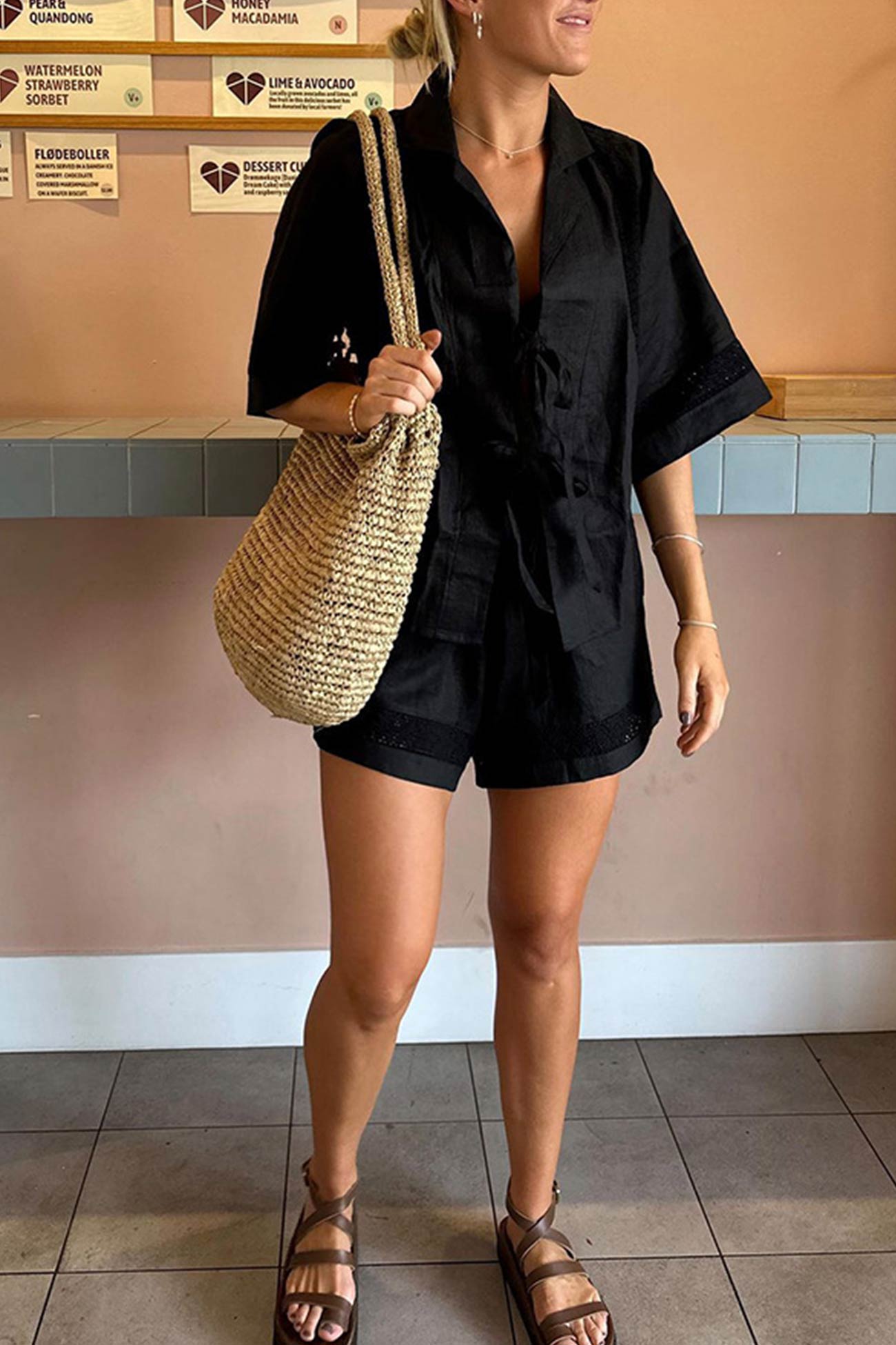 Tie-up Jacquard Hollow Out Shirt Shorts Suits