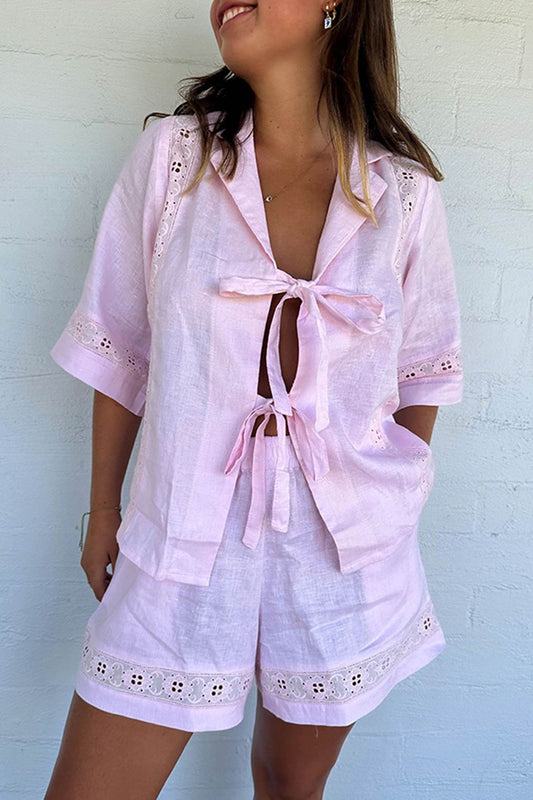 Tie-up Jacquard Hollow Out Shirt Shorts Suits