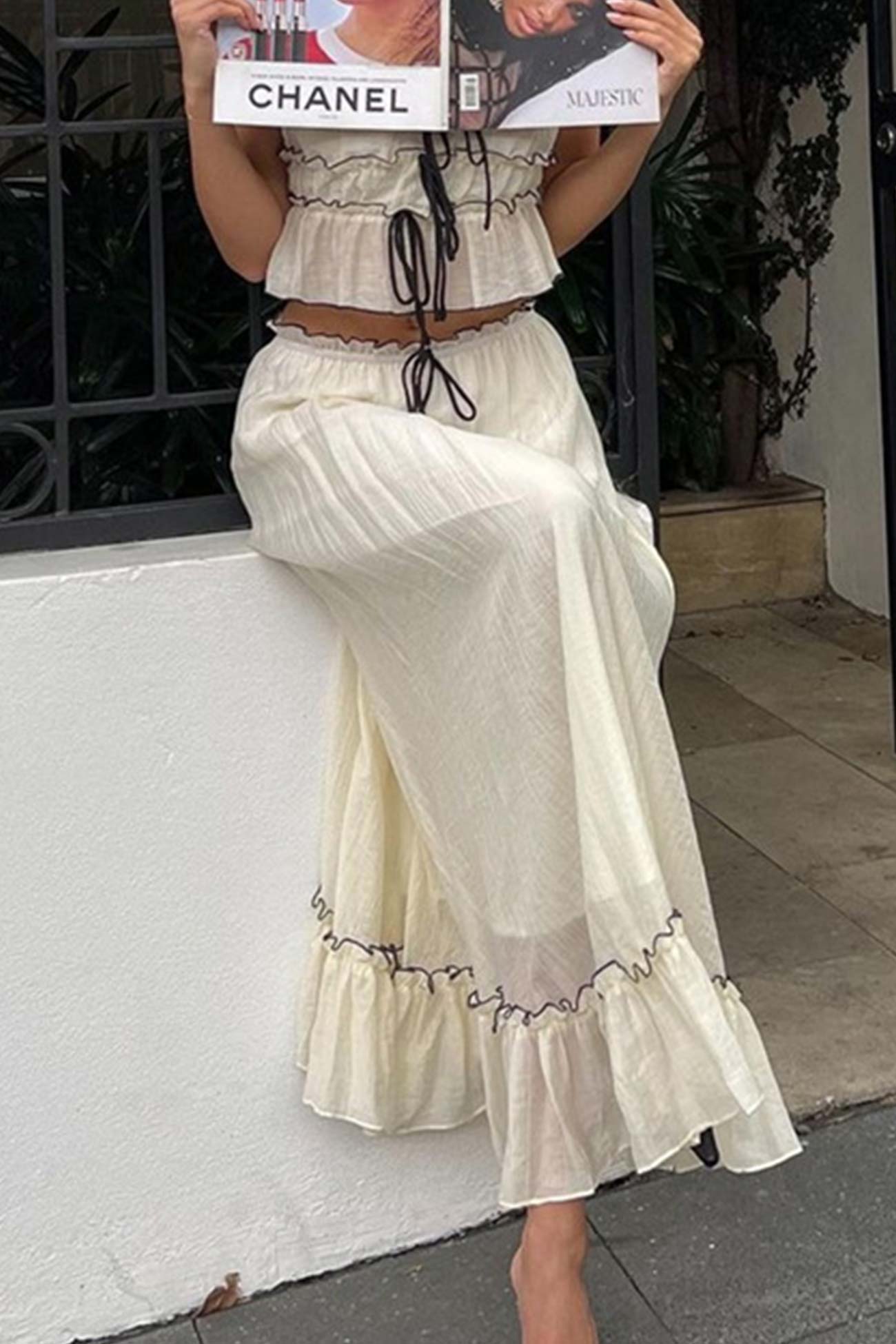 Tie-up Ruffle Midi Skirt Suits