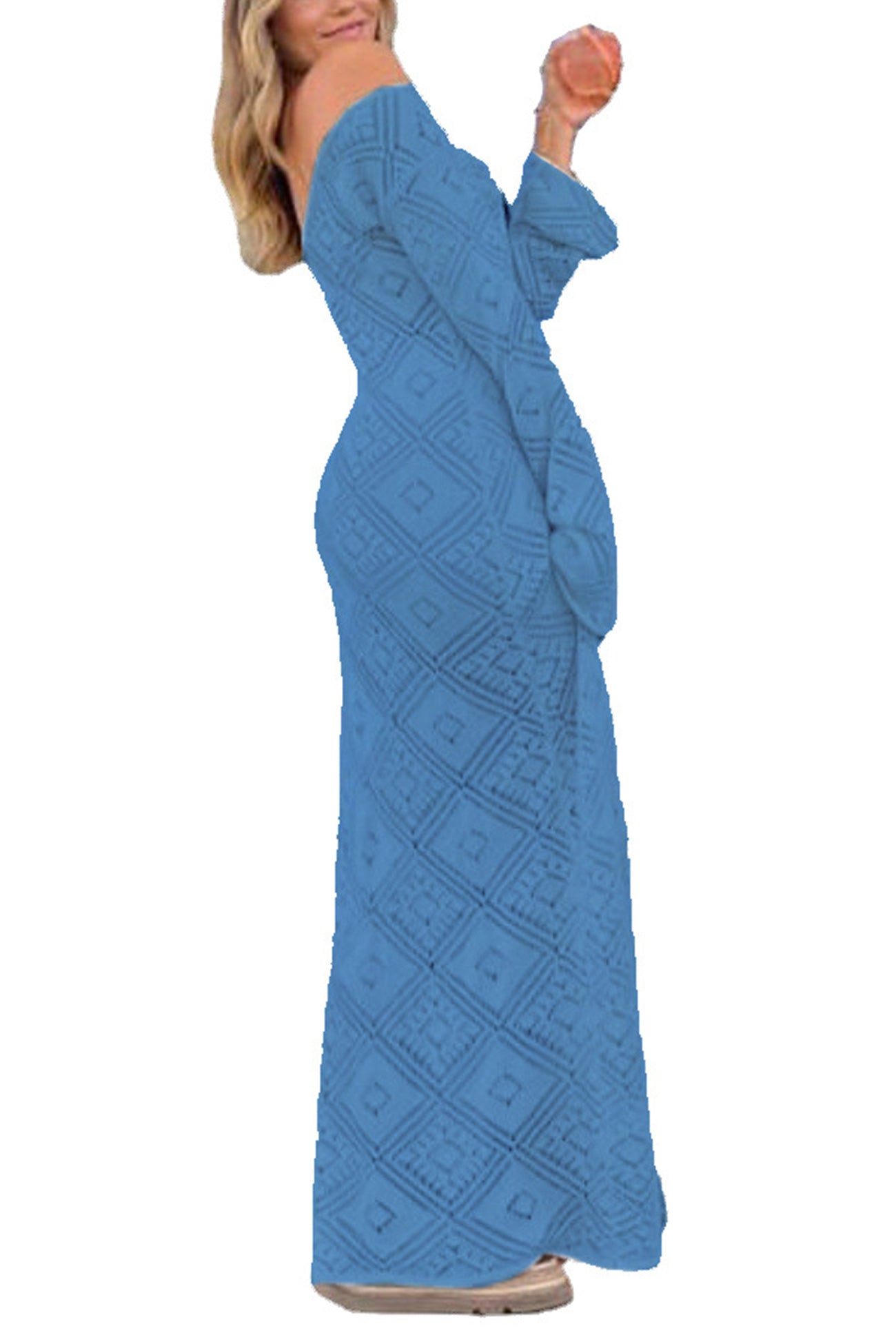 V Neck Crochet Checkered Hollow Out Midi Dress