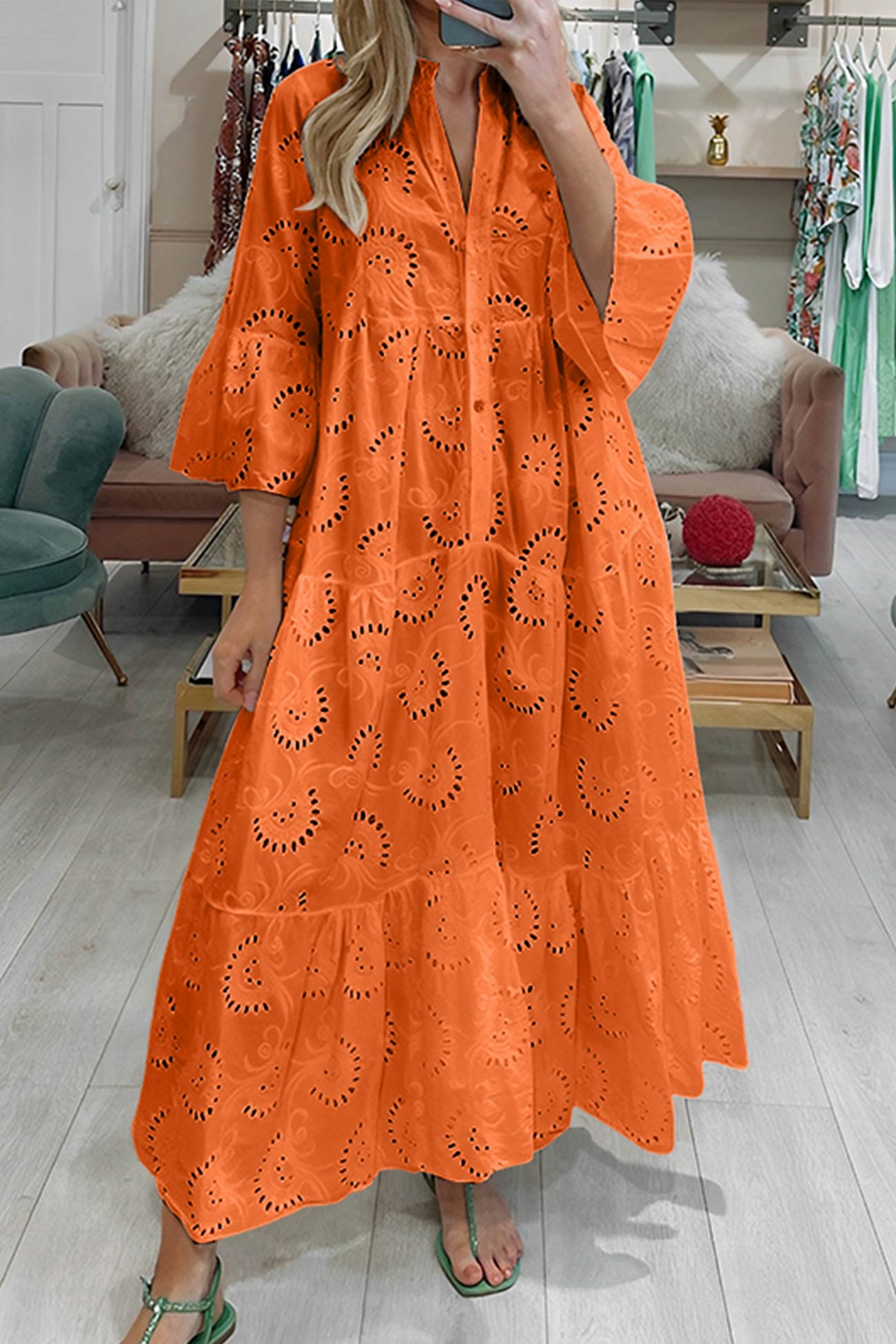 V Neck Flares Sleeve Embroidery Cotton Dress