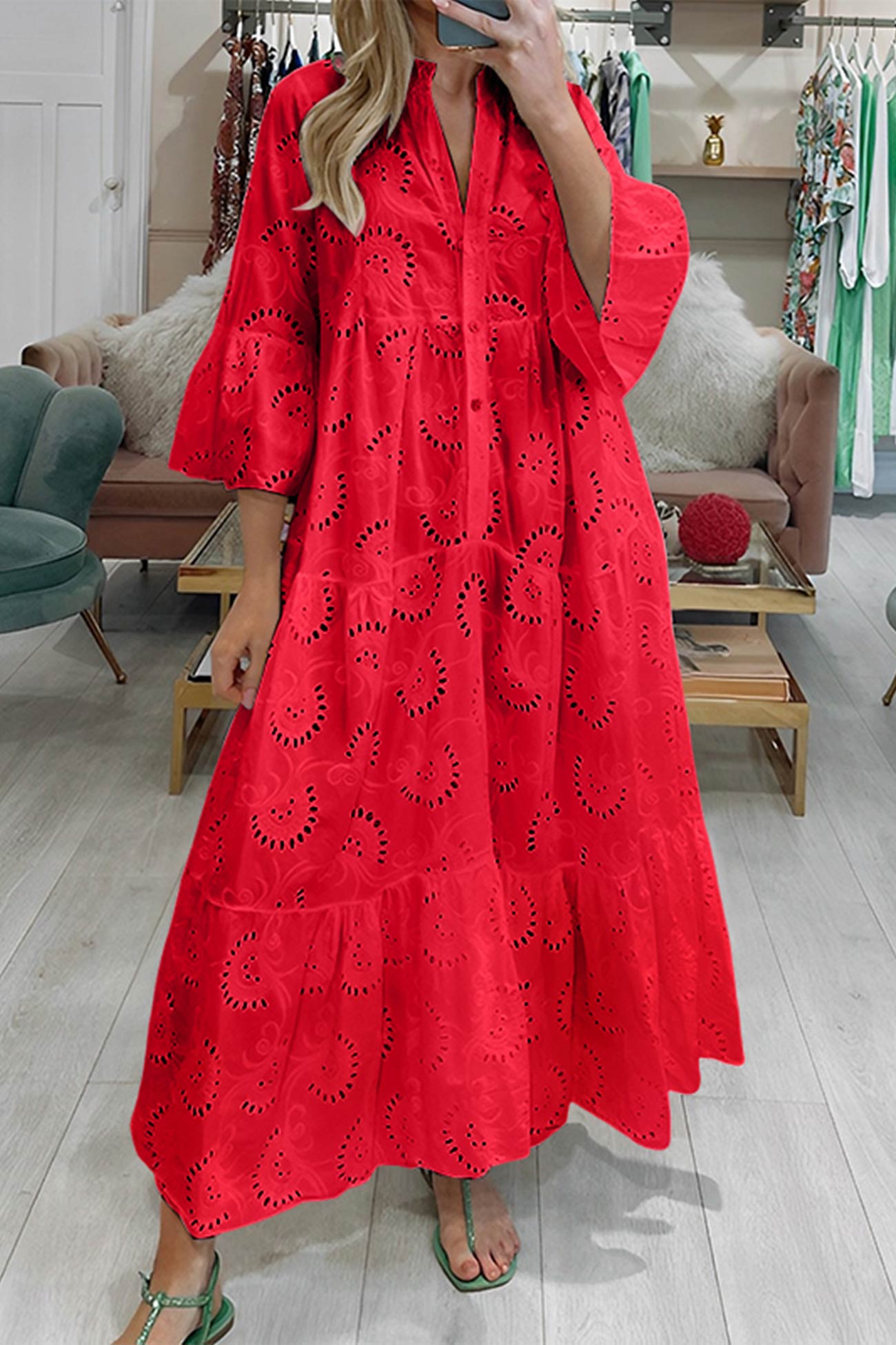 V Neck Flares Sleeve Embroidery Cotton Dress