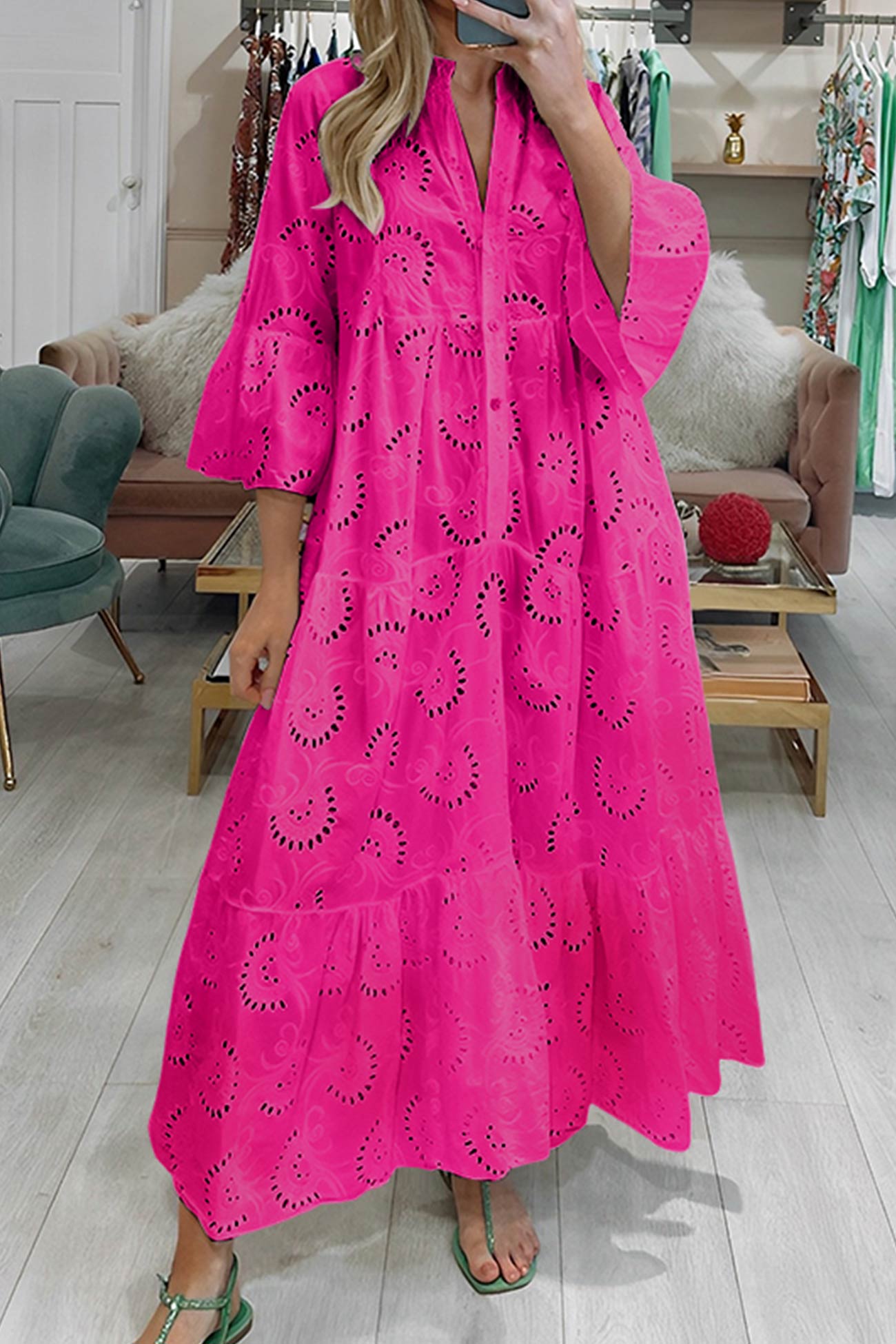 V Neck Flares Sleeve Embroidery Cotton Dress