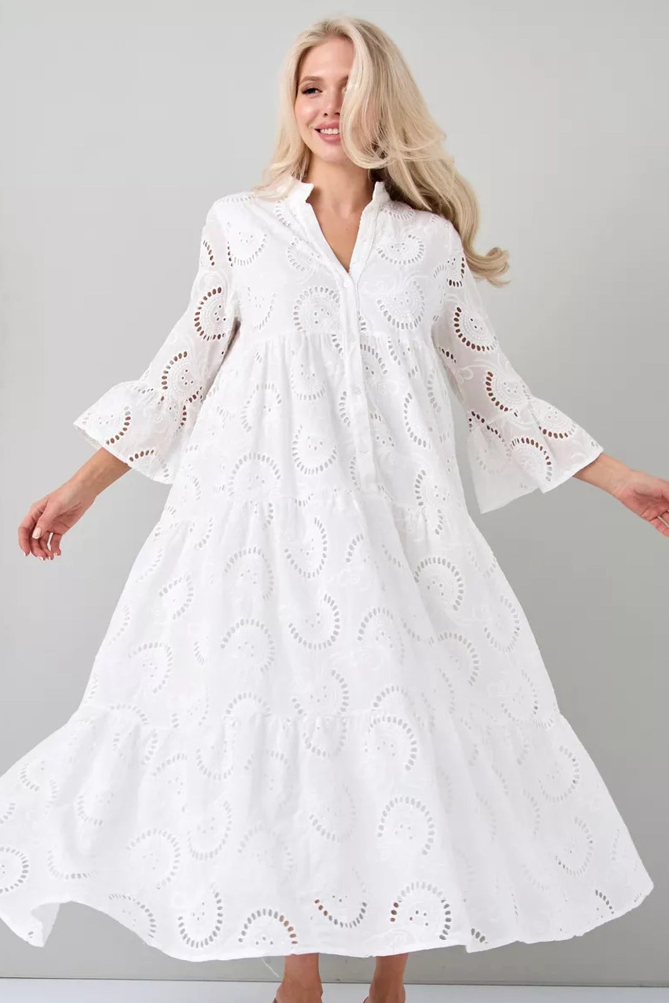 V Neck Flares Sleeve Embroidery Cotton Dress