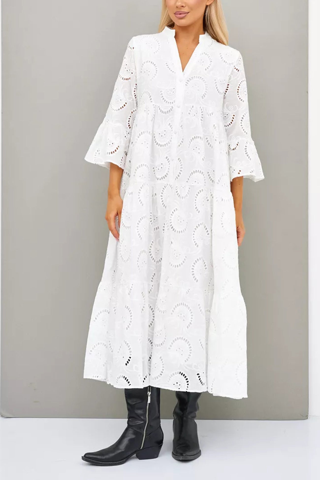 V Neck Flares Sleeve Embroidery Cotton Dress