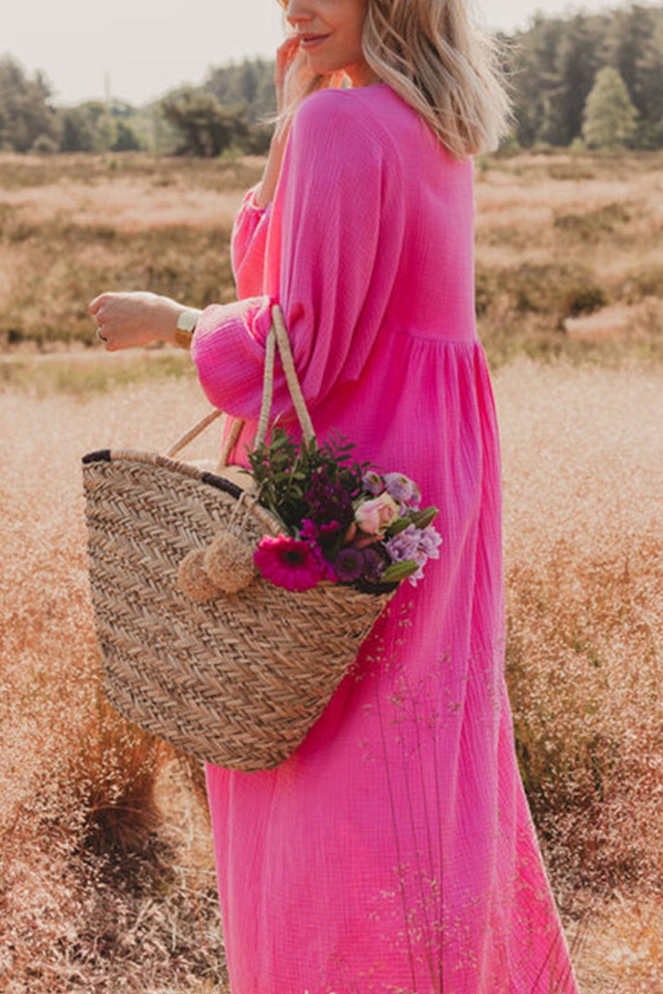 V Neck Lantern Sleeve Cotton Dress