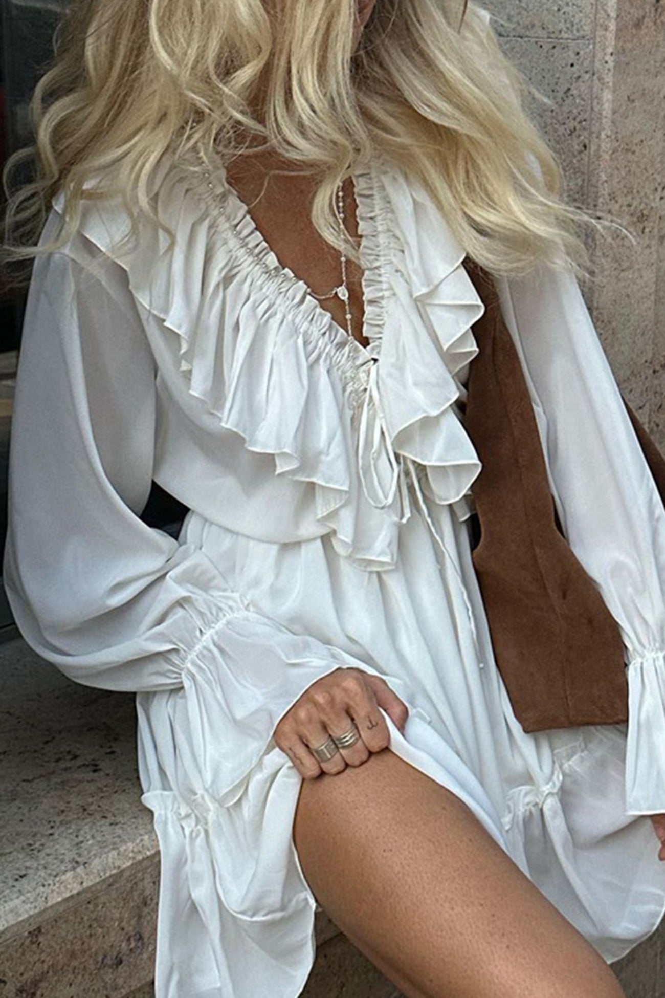 V Neck Pleated Trumpet Sleeve Ruffle Dress