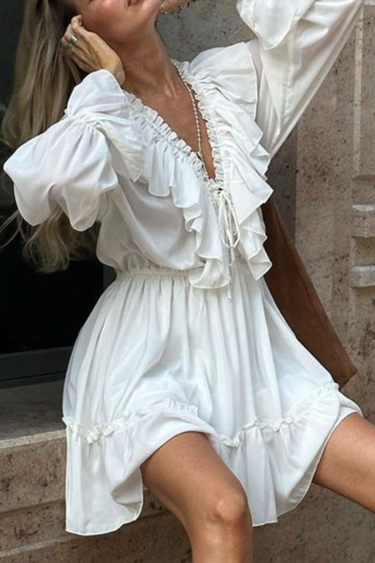 V Neck Pleated Trumpet Sleeve Ruffle Dress