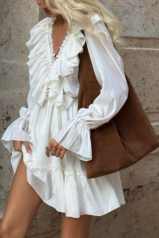 V Neck Pleated Trumpet Sleeve Ruffle Dress