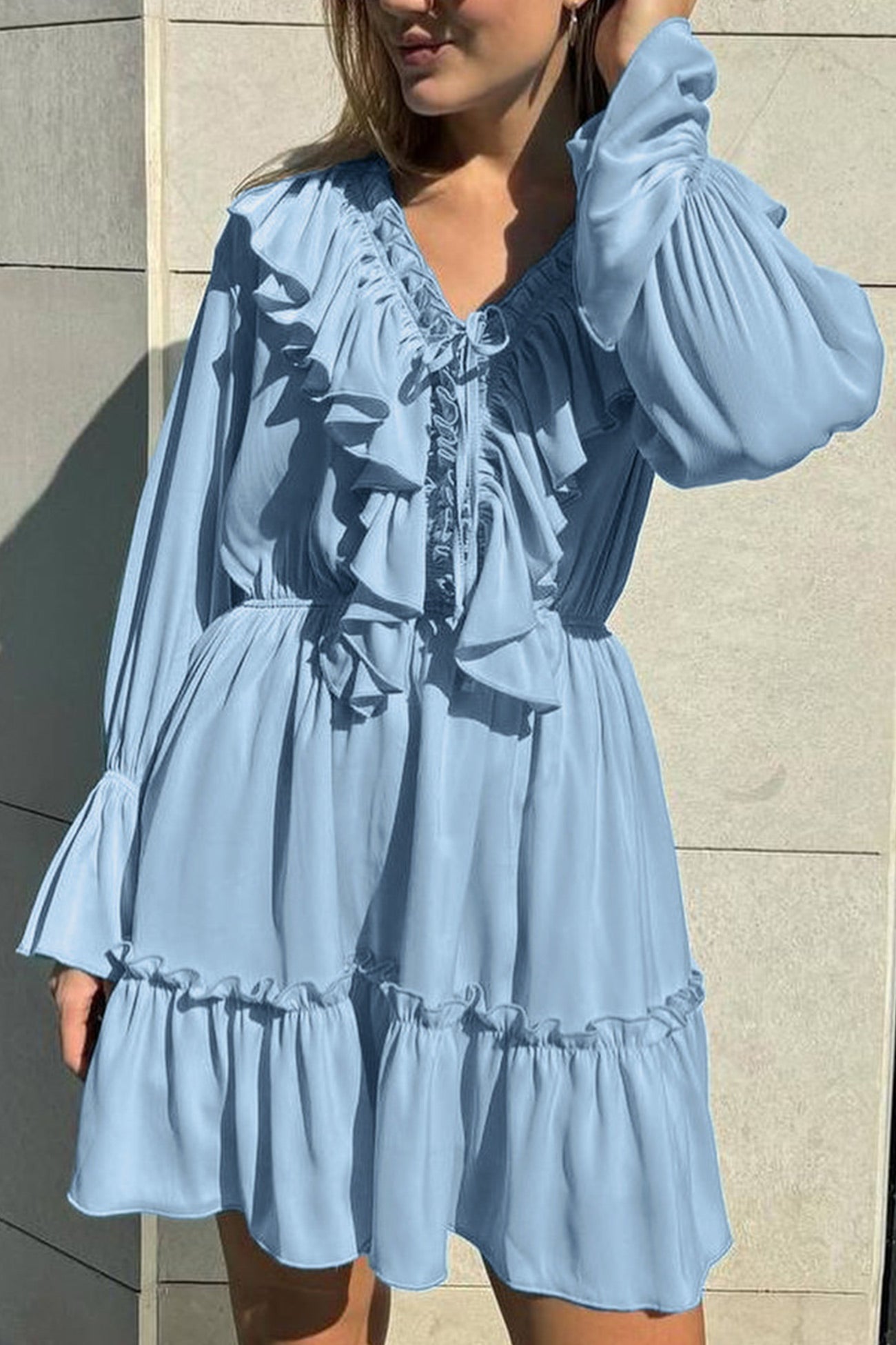 V Neck Pleated Trumpet Sleeve Ruffle Dress