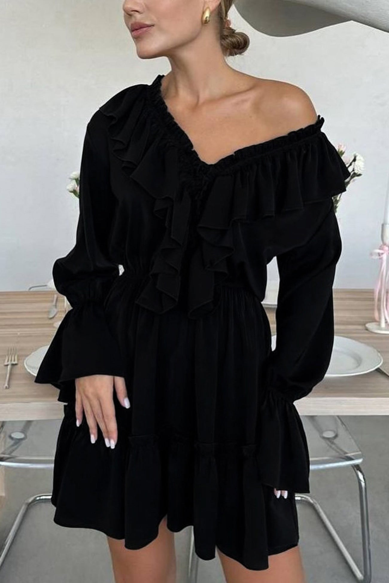 V Neck Pleated Trumpet Sleeve Ruffle Dress