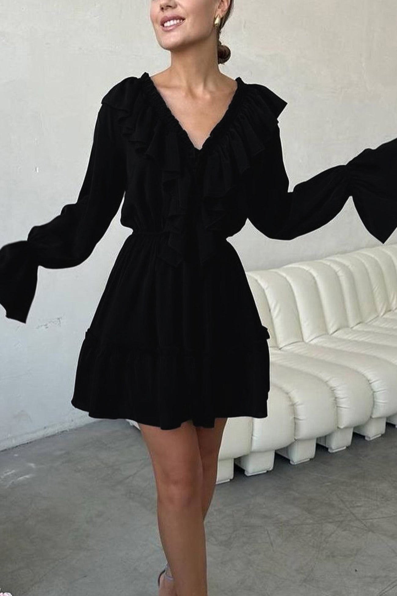 V Neck Pleated Trumpet Sleeve Ruffle Dress