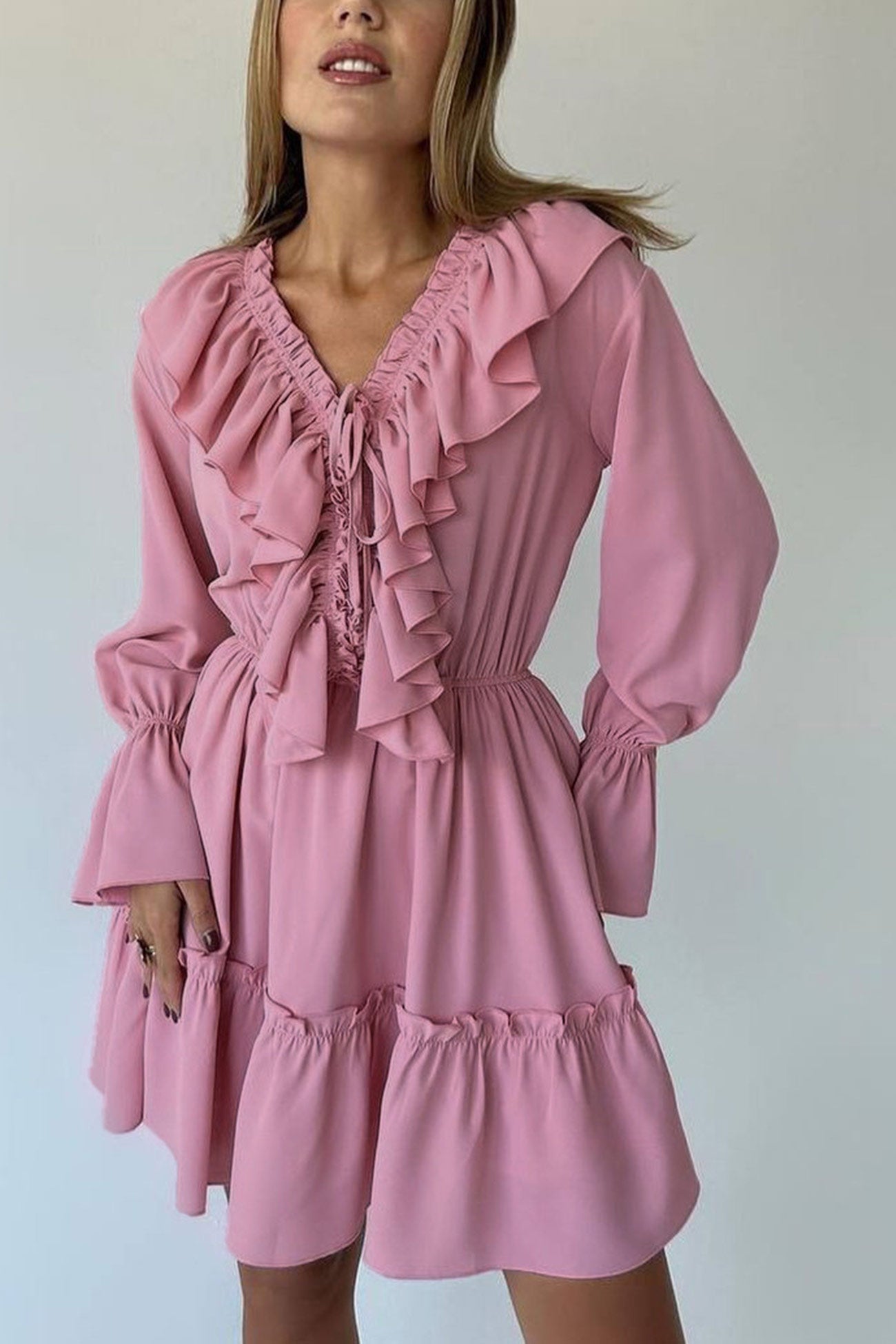 V Neck Pleated Trumpet Sleeve Ruffle Dress