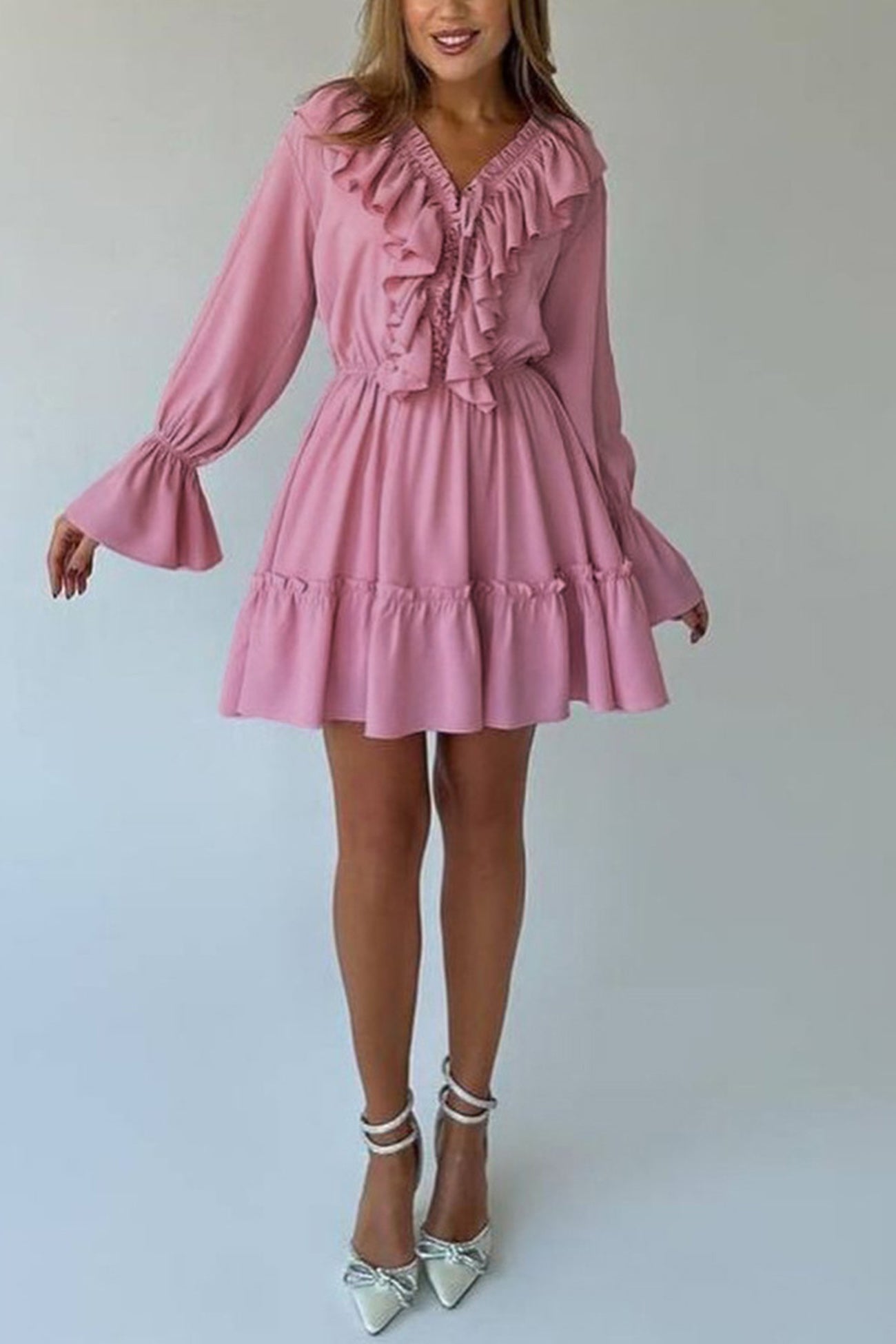 V Neck Pleated Trumpet Sleeve Ruffle Dress