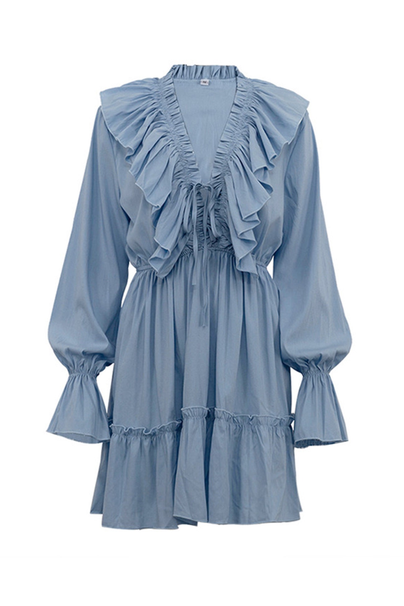 V Neck Pleated Trumpet Sleeve Ruffle Dress