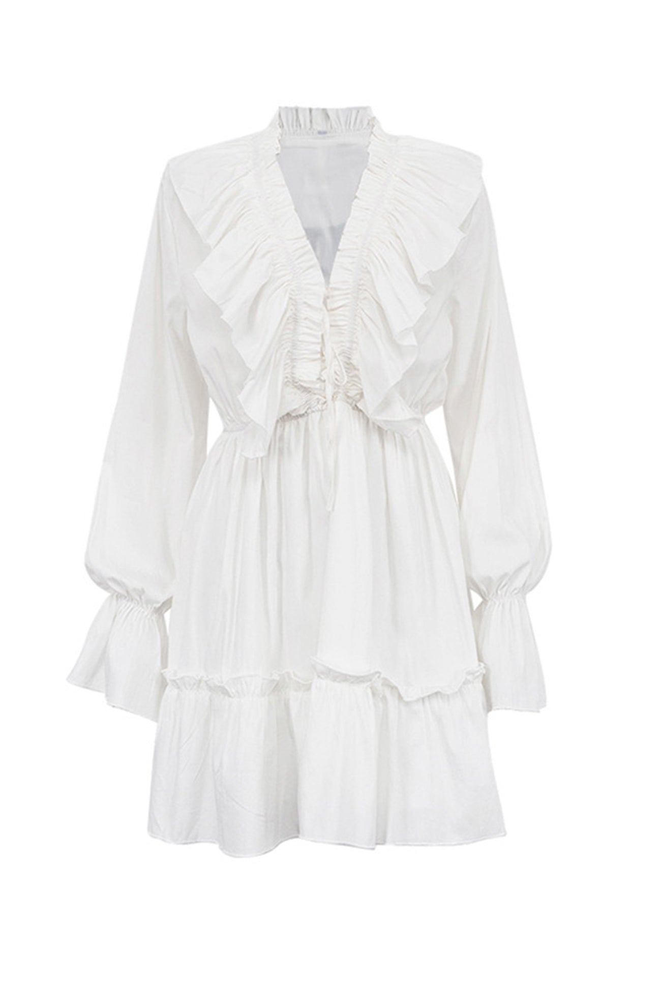 V Neck Pleated Trumpet Sleeve Ruffle Dress