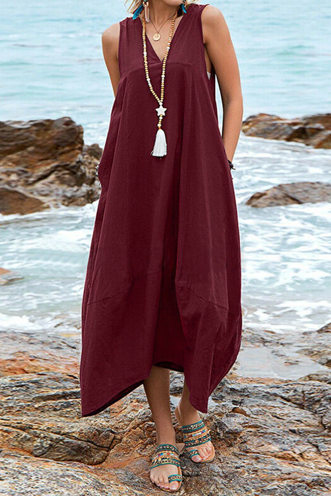 V Neck Pocketed Large Hem Sundress