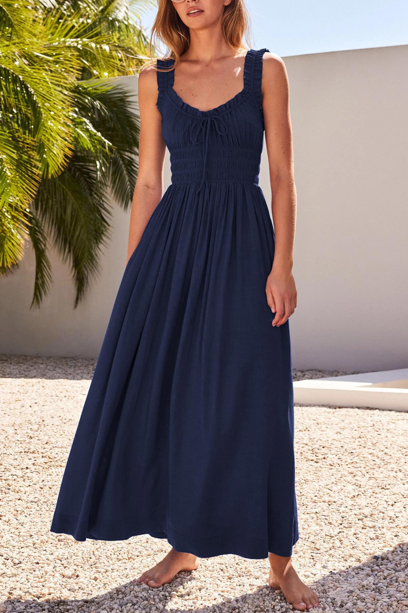 V Neck Tie-up Smocked Midi Dress