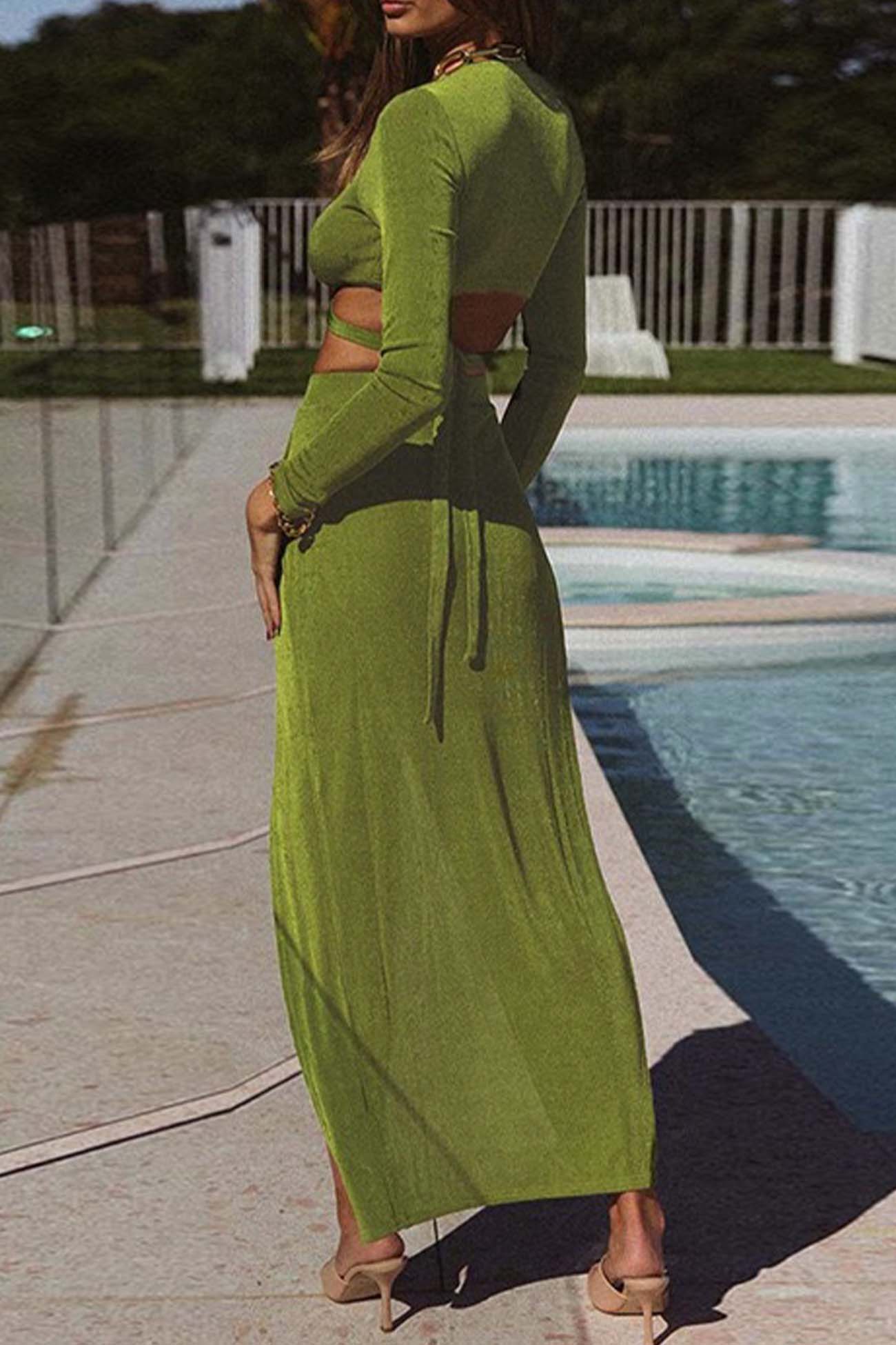 V Neck Ring Strappy Crop Top Slit Skirt Set