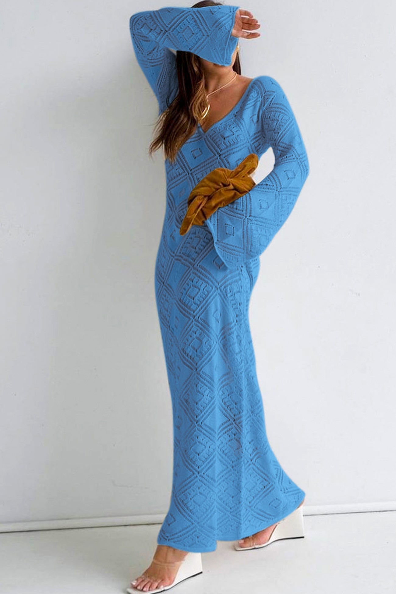 V Neck Crochet Checkered Hollow Out Midi Dress