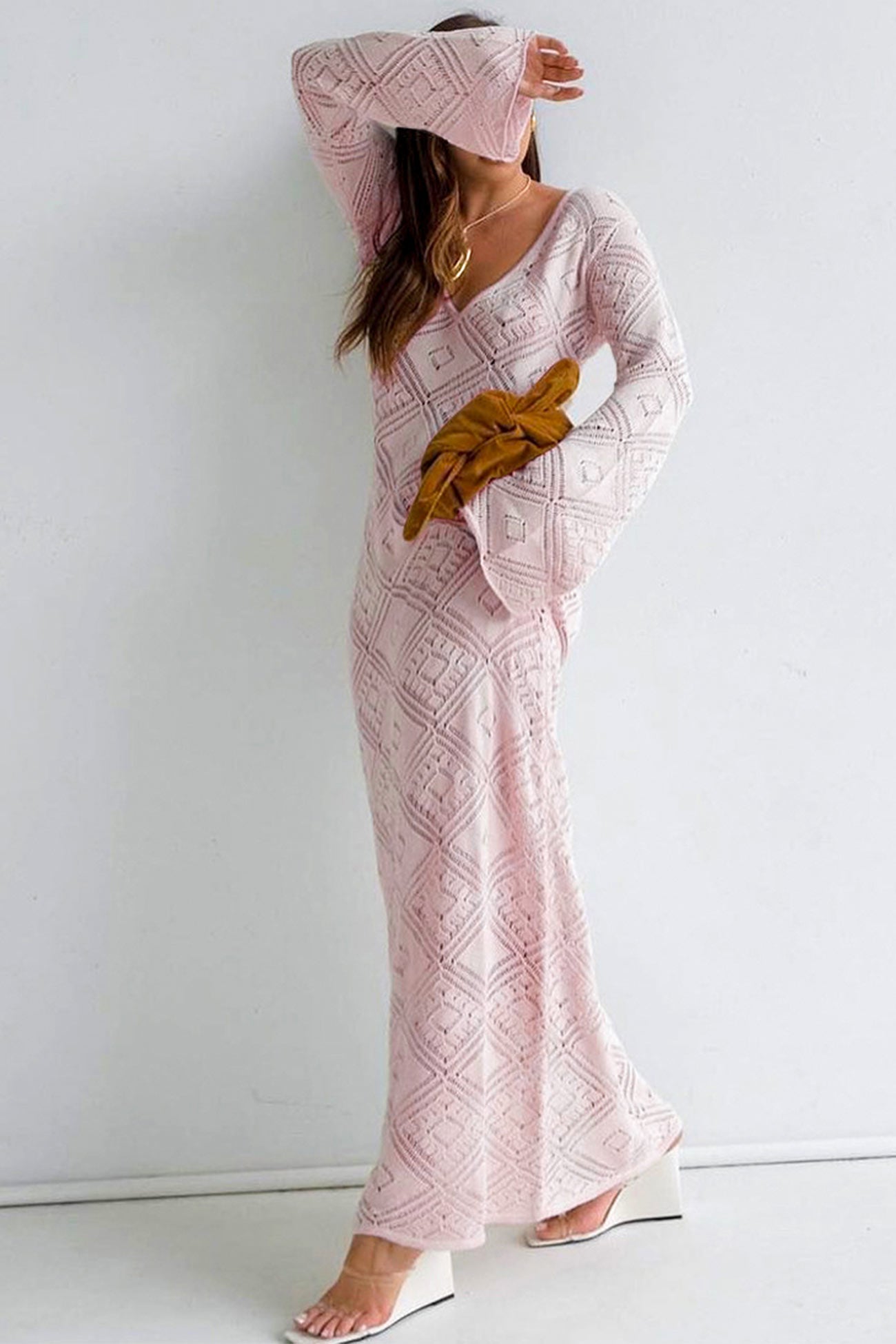 V Neck Crochet Checkered Hollow Out Midi Dress