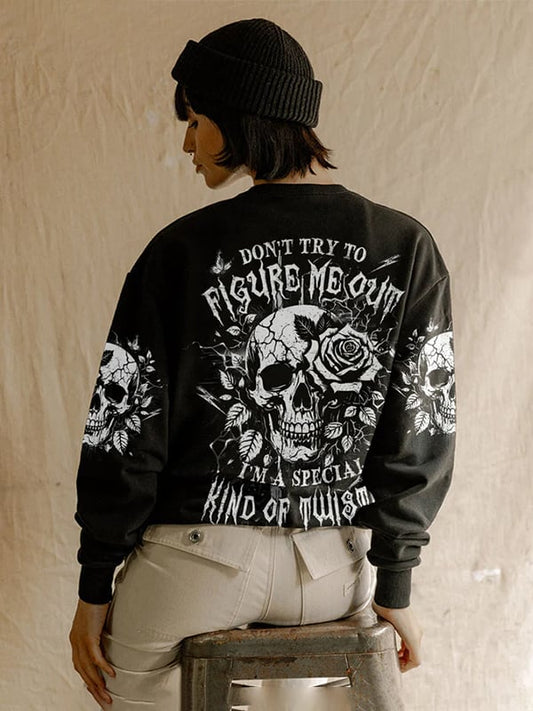 Women's Skull and Lettering Printed Crew Neck Sweatshirt