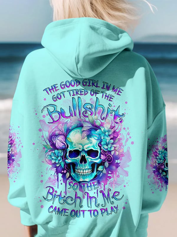 Women's Trendy Skull Floral Print Pocket Hoodie